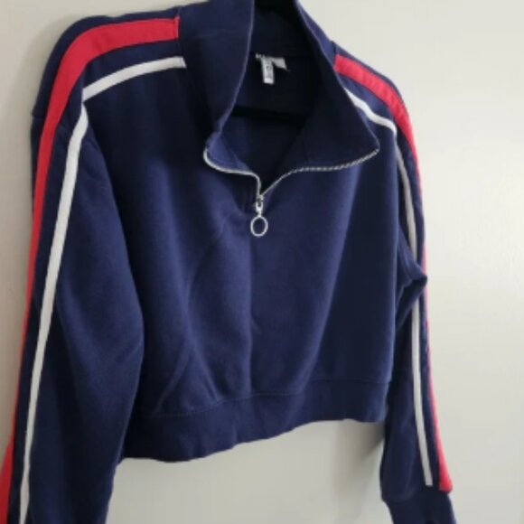 Divided H&M Basic Navy Blue Half-Zip Crop Sweatshirt Red White Stripes Medium - Picture 2 of 6